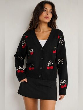 Originality Cherry Bow Cardigan Women’s XL Black Boxy Sweater NWT